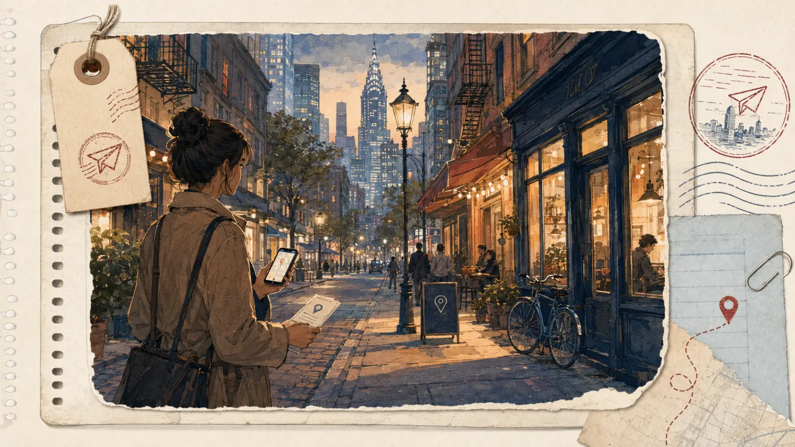 An evening city street glowing at dusk, seen on a scouting walk after work