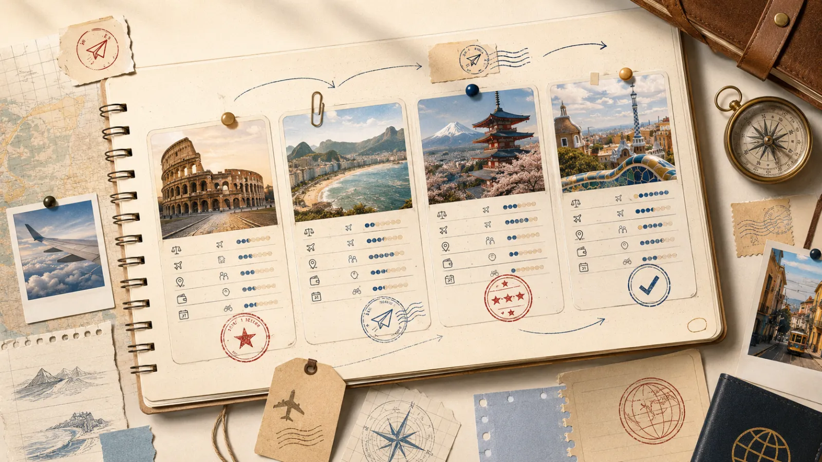 A sketchbook compare board weighing four destinations side by side, with stamps and notes