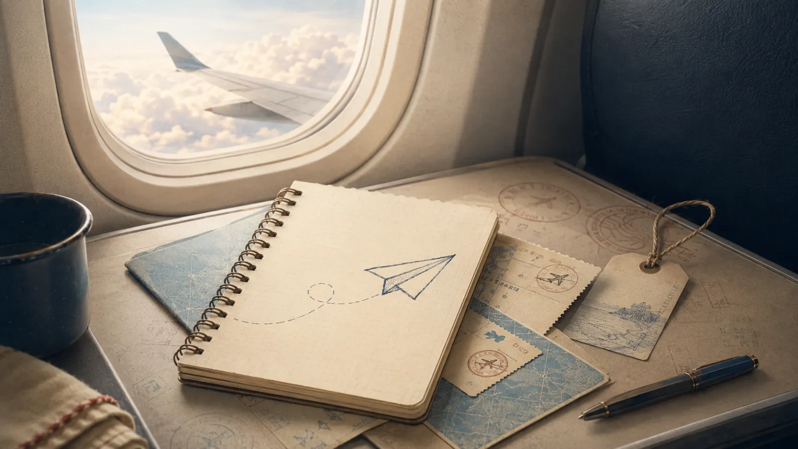 A traveler's notebook open on an airplane window seat, a paper plane sketched across the page in ink